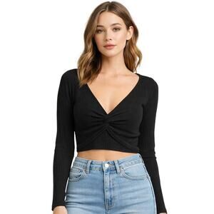 Boutique Boho Black Waffle Knit Twist Front Crop Top Long Sleeve NWOT Size L